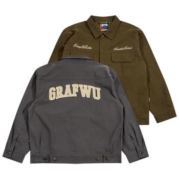 GRAF原創品牌弧形貼皮質字母簡約復古配色做舊銅扣工裝夾克外套