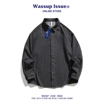WASSUP ISSUE美式復古純色翻領長袖襯衫男2023新款秋季休閑寬松