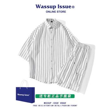 WASSUP ISSUE日系夏季休閑套裝男潮牌寬松條紋襯衫透氣兩件套男款