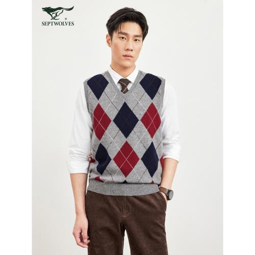 七匹狼格紋毛背心男士秋季新品純羊毛男裝內搭時尚休閑潮流