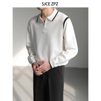 ZPZ韓系潮流撞色翻領針織衫 男長袖套頭毛衣秋冬季內搭上衣打底衫