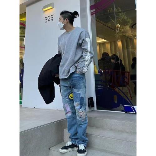明星男女同款Kapital平田和宏拼接笑臉貼布繡高街潮牌重工牛仔褲|牛仔褲
