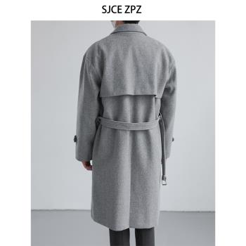 ZPZ冬季韓版寬松加厚中長款毛呢大衣 男士潮流高級感過膝風衣外套