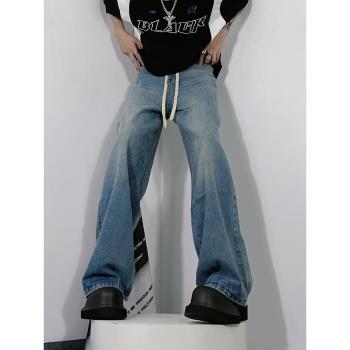 76美式高街水洗做舊牛仔褲男hiphop設計感直筒褲子高級感復古長褲