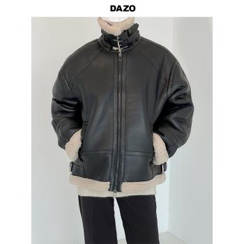 DAZO 內里羊羔毛拼接PU皮棉衣高品質立領拉鏈棉服外套冬季加厚款