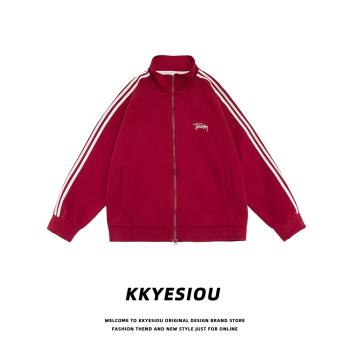 KKyesiou美式復古學院風潮牌百搭紅色棒球服男女立領運動衛衣外套