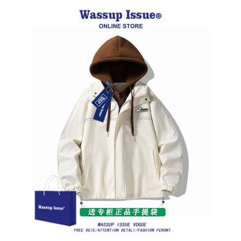 WASSUP ISSUE假兩件夾克外套男士春秋季港風寬松潮牌連帽棒球服男