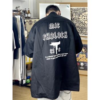 2023新款夏季chicano奇卡諾潮工裝大碼寬松嘻哈美式街頭短袖襯衫