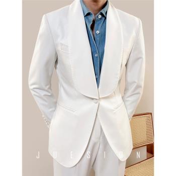 JUESION 青果領白色西裝套裝男商務紳士修身一粒扣結婚禮新郎禮服