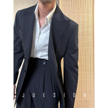 男士西裝灰色條紋雙排扣戧駁領商務正裝高級感西服套裝結婚禮服