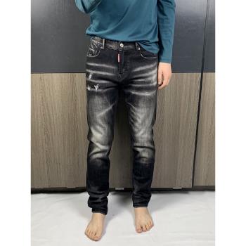 新款23秋冬新牛仔褲男D2彈力修身長褲DSQ2黑色水洗青年舒適高品質
