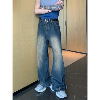 cuibuju 小眾復古水洗牛仔褲男直筒寬松做舊闊腿褲高街設計感長褲