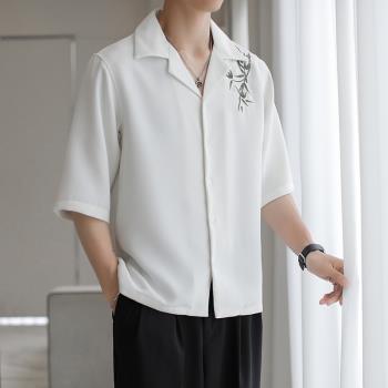 竹葉刺繡襯衫男短袖夏季薄款透氣中國風男裝潮牌高級感五分袖襯衣