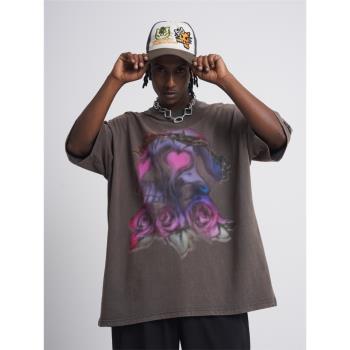 SWAG嘻哈美式玫瑰骷髏頭印花做舊半袖t恤夏季潮牌寬松短袖上衣ins