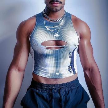 個性吊帶破洞鏤空運動背心 歐美彈力修身上衣 小眾設計感T恤男