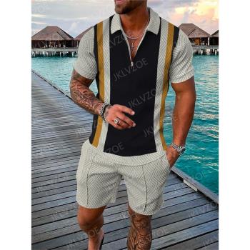 Zipper 3D printed lapel shorts set拉鏈3D印花翻領短褲套裝男士