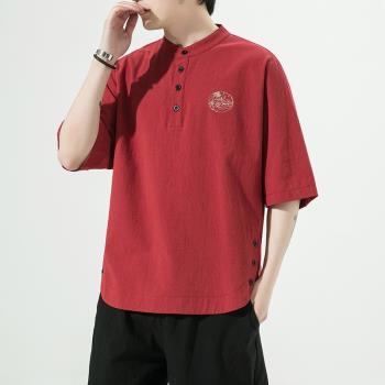 亞麻短袖t恤男夏季中國風男裝中式復古唐裝漢服男款棉麻半袖上衣