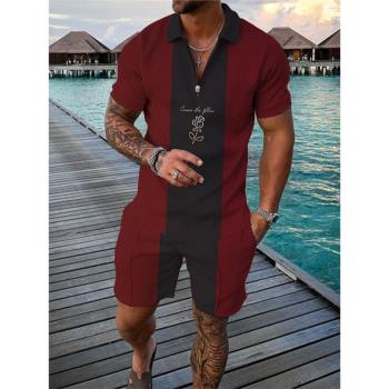 Casual lapel 3D printed shorts set休閑翻領3D印花短褲套裝男士