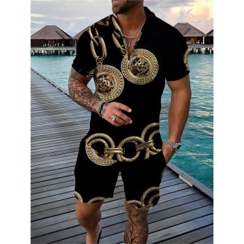 Loose lapel printed shorts set for men寬松翻領印花短褲套裝男
