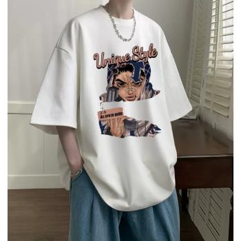 美式高街t恤男夏季230g重磅純棉短袖oversize寬松小領口半袖上衣