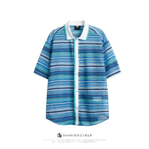 彩色條紋針織短袖襯衫男2023年夏季ins復古韓版簡約寬松襯衣潮牌