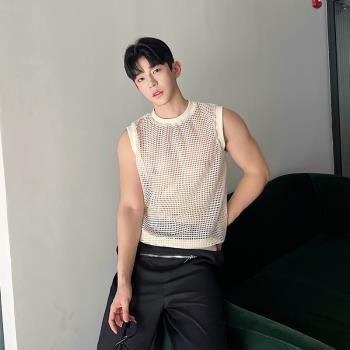 韓國chic針織背心男小眾鏤空透視設計感網紅高級感套頭無袖毛衣潮