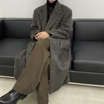 冬季韓風穿搭中長款毛呢大衣男英倫寬松過膝雙排扣雪花呢風衣外套