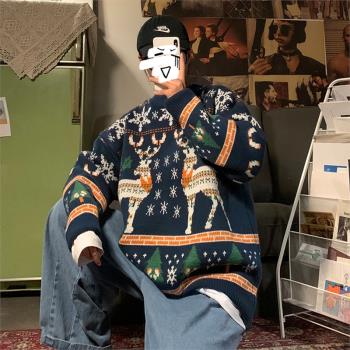 聖誕節毛衣男士冬季港風潮流慵懶風寬松百搭加厚款情侶圓領針織衫
