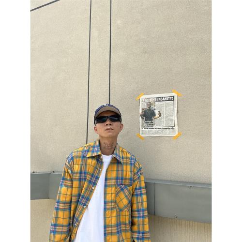 美式多巴胺衫黃色復古Vintage街頭ins搭配長袖hiphop格子襯衫外套