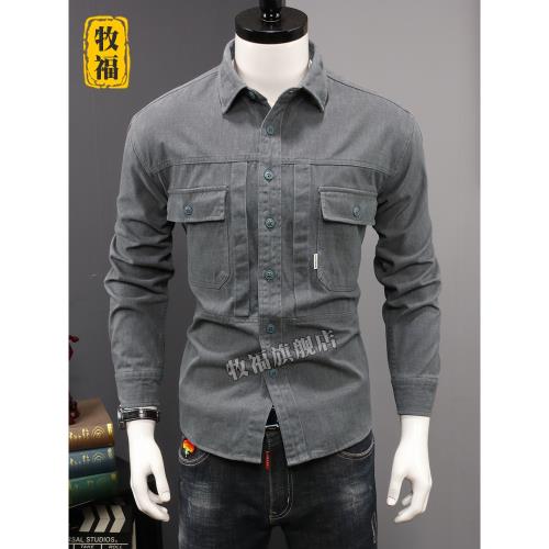 美式重磅襯衫外套男長袖寬松休閑春秋款加厚復古水洗日系工裝襯衣