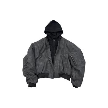 POPPROJECT皮衣bomber雙層假兩件連帽外套飛行員夾克皮質棉服ma1