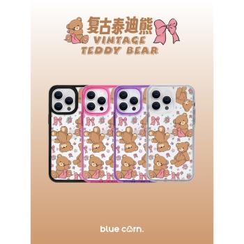 【bluecorn】藍色苞米復古泰迪熊適用于蘋果iPhone 15/14/13/Pro Max透明Teddy Bear magsafe防摔磁吸手機殼