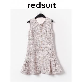 redsuit名媛淑女 法式復古圓領無袖薄款單排扣荷葉邊氣質連衣裙夏