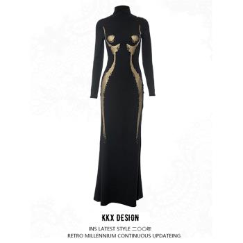 KKX歐美性感人體印花高領長袖連衣裙街頭高級感修身顯瘦黑色長裙