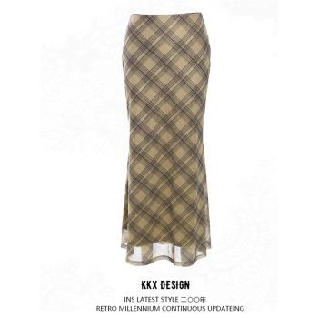KKX美式復古高腰格紋網紗拼接半身裙街頭辣妹風修身顯瘦彈力長裙