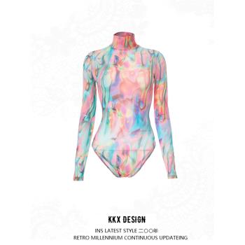 KKX歐美性感撞色3D印花高領長袖連體衣街頭時髦緊身顯瘦彩色上衣