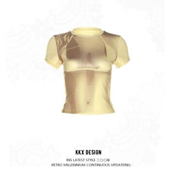 KKX歐美時髦3D人體露臍短款上衣夏季女性感辣妹風緊身顯瘦短袖T恤
