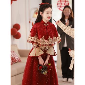 酒紅色中式訂婚禮服長袖蕾絲旗袍