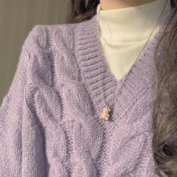 紫色小甜心韓國復古寬松V領毛衣