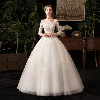 森系主婚紗2023新款新娘氣質一字肩長袖簡約顯瘦簡約法式輕婚紗裙