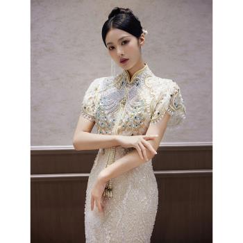 旗袍2024新款新娘結婚新中式敬酒服高級感訂婚重工宴會禮服女秋冬