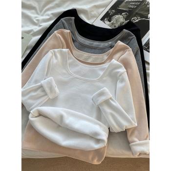 純色修身內搭加絨加厚保暖長袖T恤2023秋季新款女裝打底衫上衣潮
