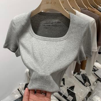 2023夏季螺紋法式方領短袖T恤女修身設計感內搭短款打底別致上衣