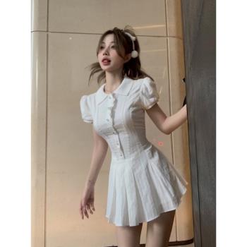 甜辣妹純欲polo白色連衣裙女秋季小眾設計感收腰氣質泡泡袖襯衫裙