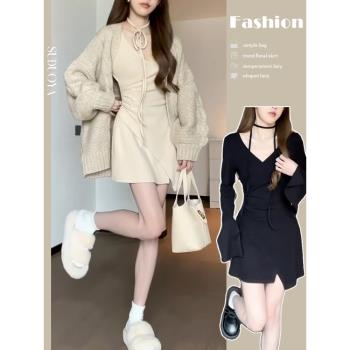 2024新款秋冬季穿搭高階感收腰連衣裙子女小個子茶系穿搭配一整套