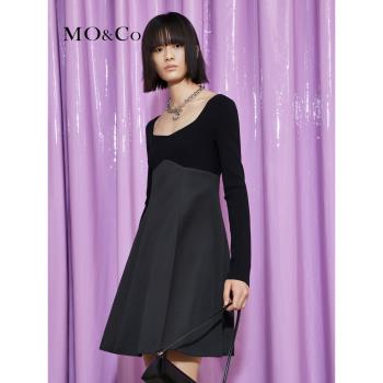 MOCO2022針織拼接大方領小黑裙