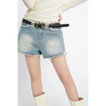 蘇菜蘿卜 辣妹復古淺藍色毛邊牛仔短褲女夏季設計感時髦闊腿短褲