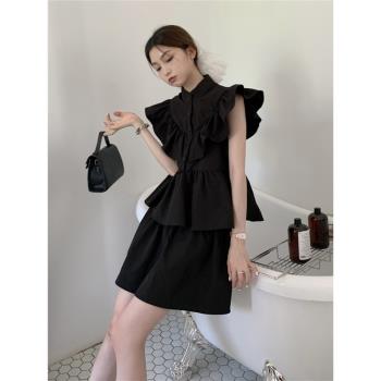 法式黑色小飛袖氣質連衣裙女夏季新款設計感荷葉邊短裙小黑裙裙子