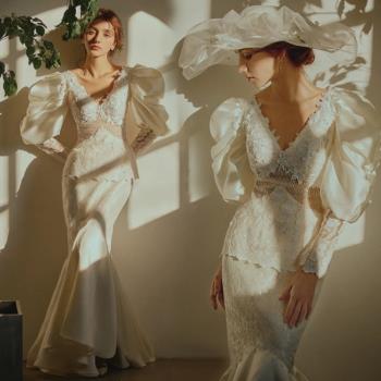 影樓室內光影主題服裝法式復古婚紗攝影寫真高定拍照魚尾蕾絲禮服