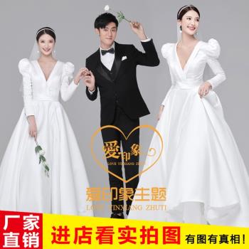 新款影樓主題服裝韓版婚紗攝影情侶寫真高定緞面拍照長袖齊地禮服
